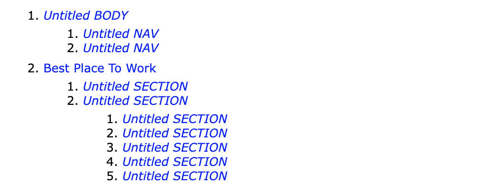 Example of a poor outline structure of a site with untitled sections.