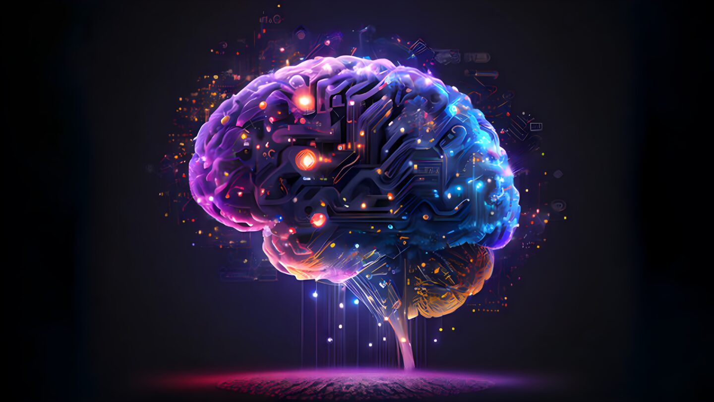 Illustration of a digital brain with circuitry and glowing data points representing AI in UX design, automation, and intelligent user experience systems.