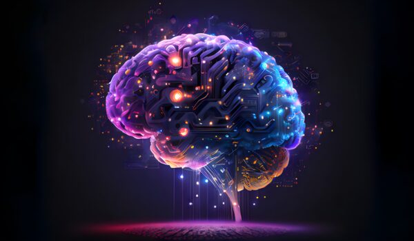 Illustration of a digital brain with circuitry and glowing data points representing AI in UX design, automation, and intelligent user experience systems.