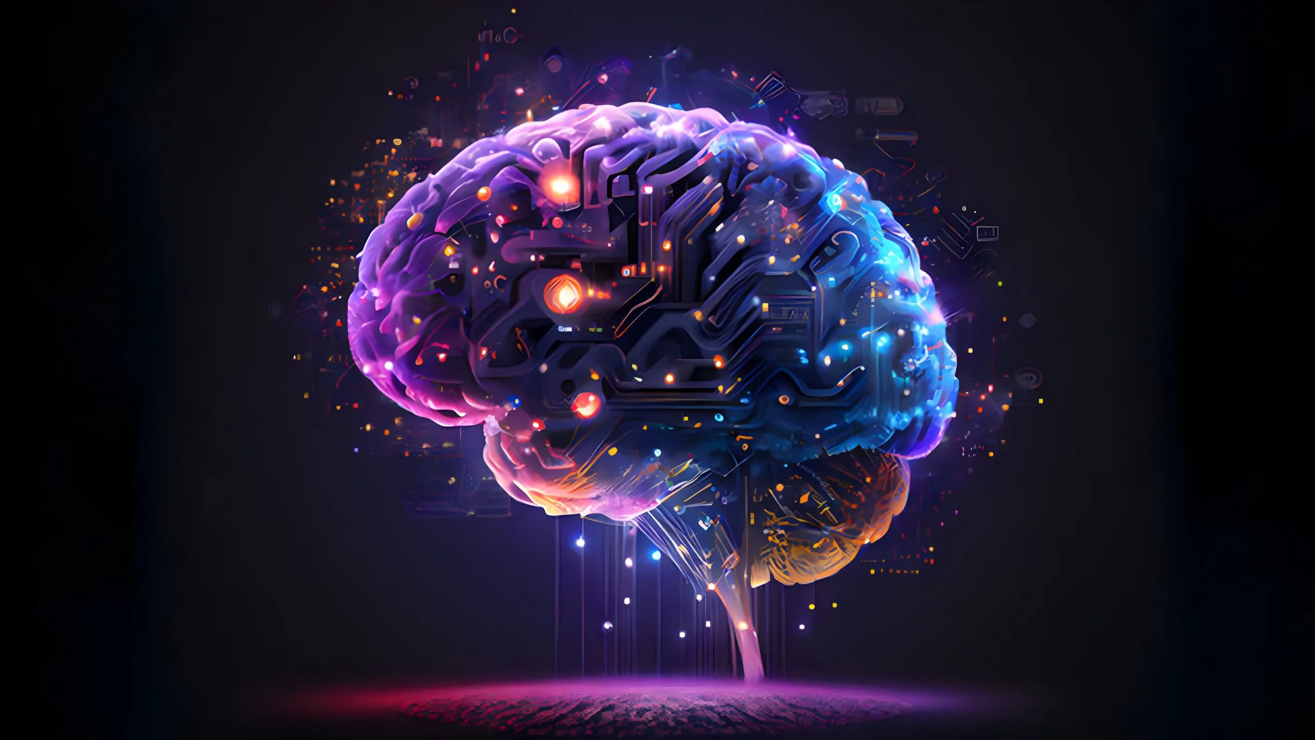 Illustration of a digital brain with circuitry and glowing data points representing AI in UX design, automation, and intelligent user experience systems.