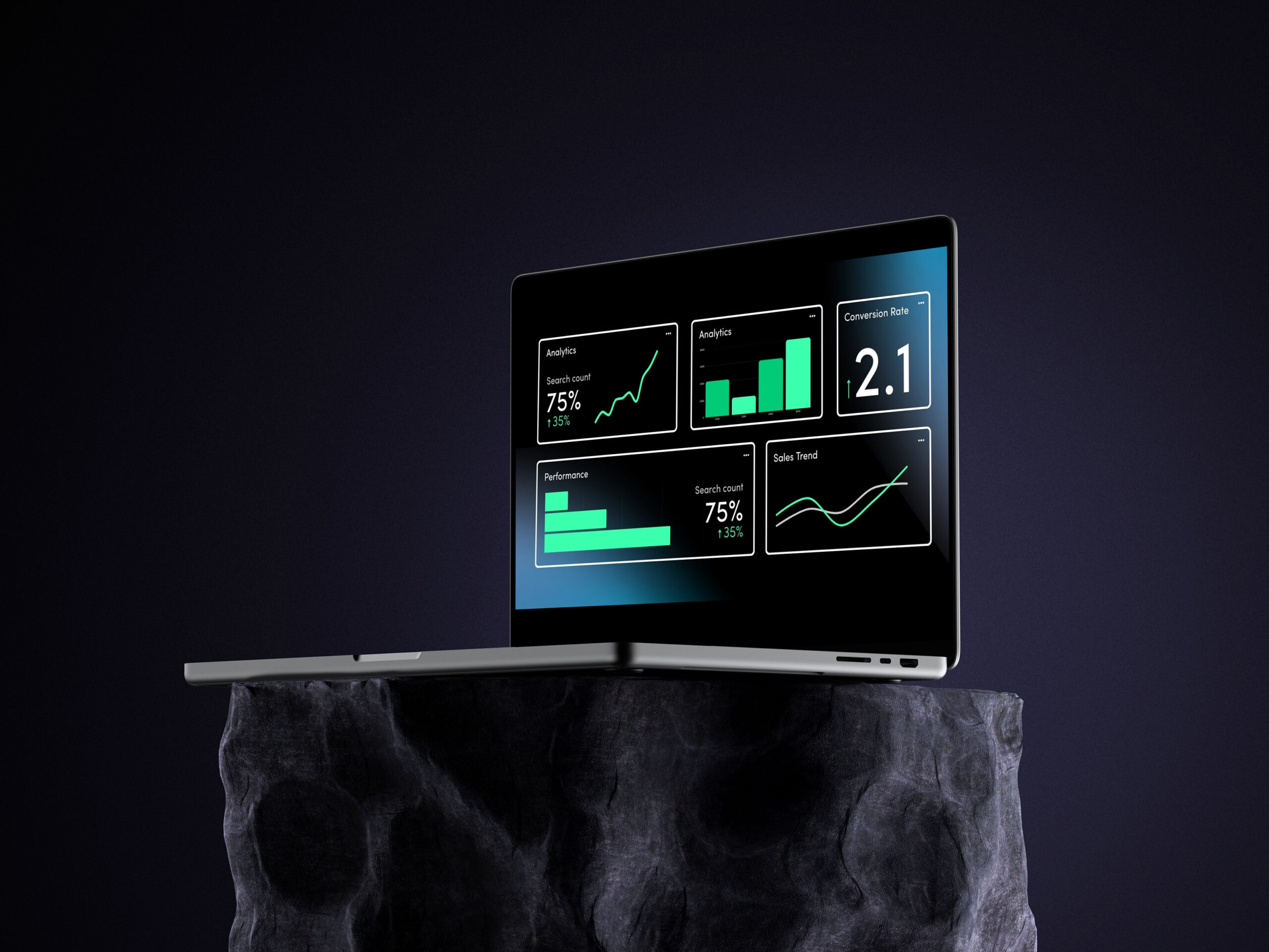 Silver laptop displaying website analytics dashboards, including graphs, charts, and a 2.1 conversion rate metric, placed on a dark stone pedestal against a black background, symbolizing digital performance and KPIs for websites.