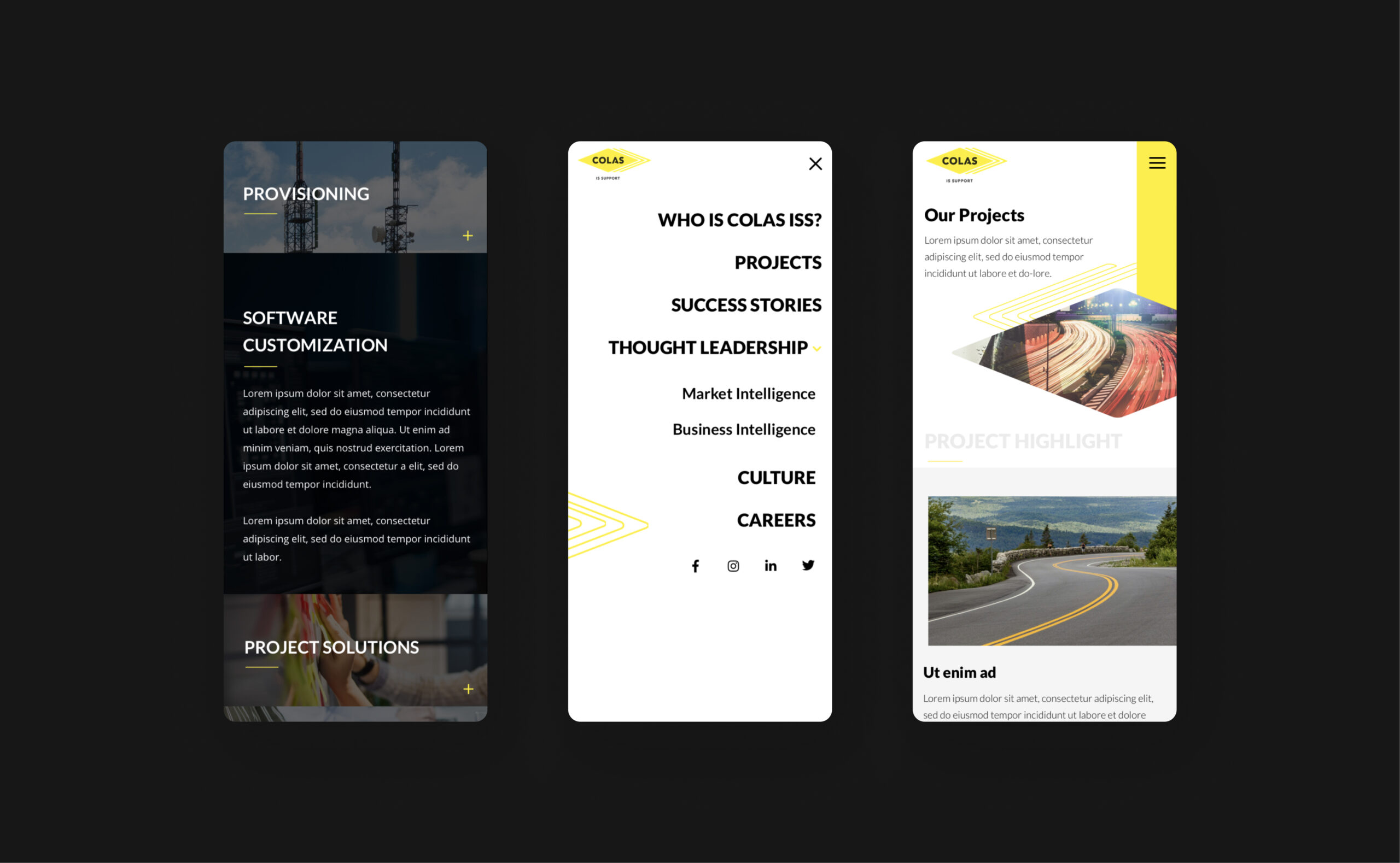 Mobile UI screens with dark interface design