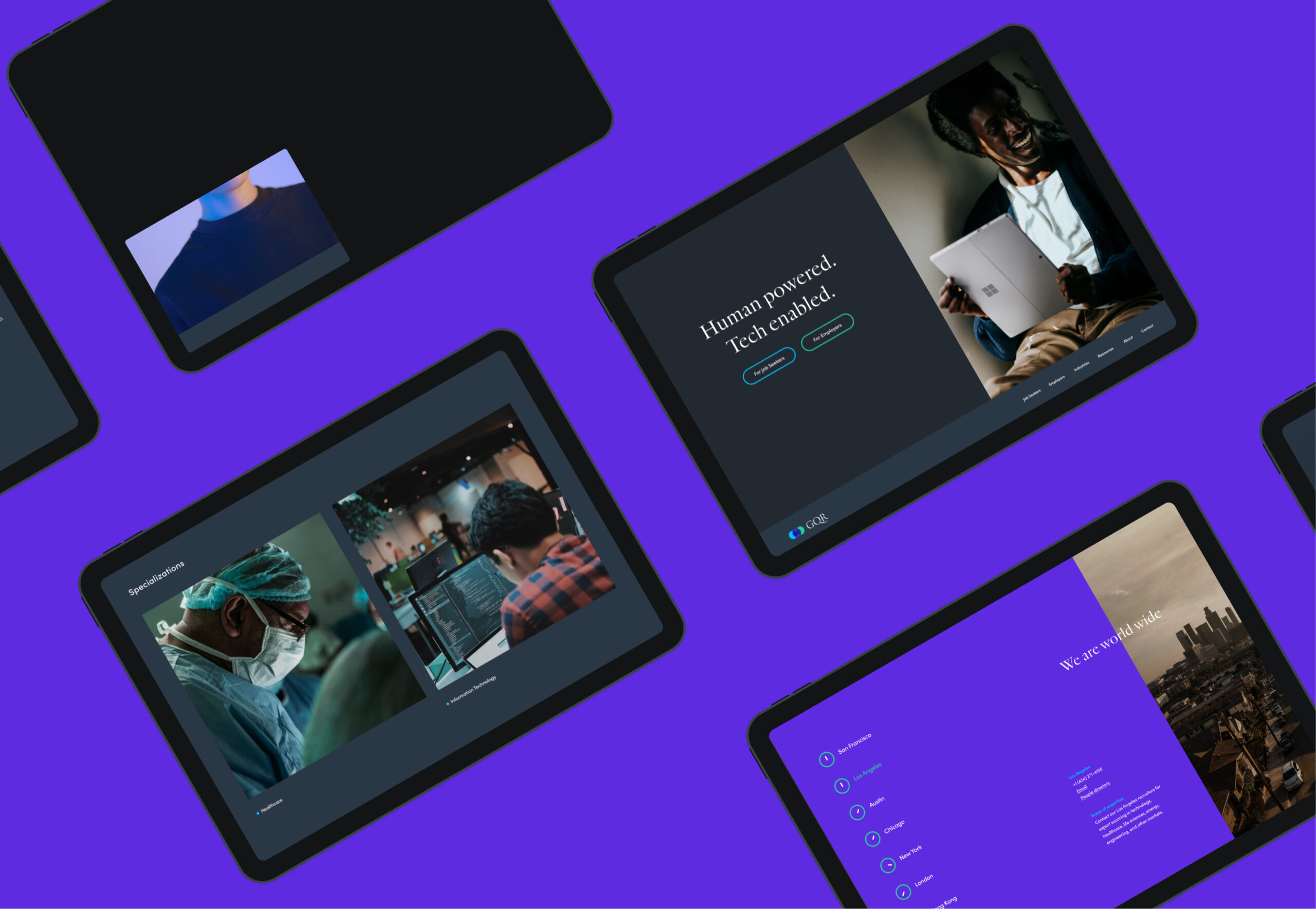 Mobile UI screens with purple interface design