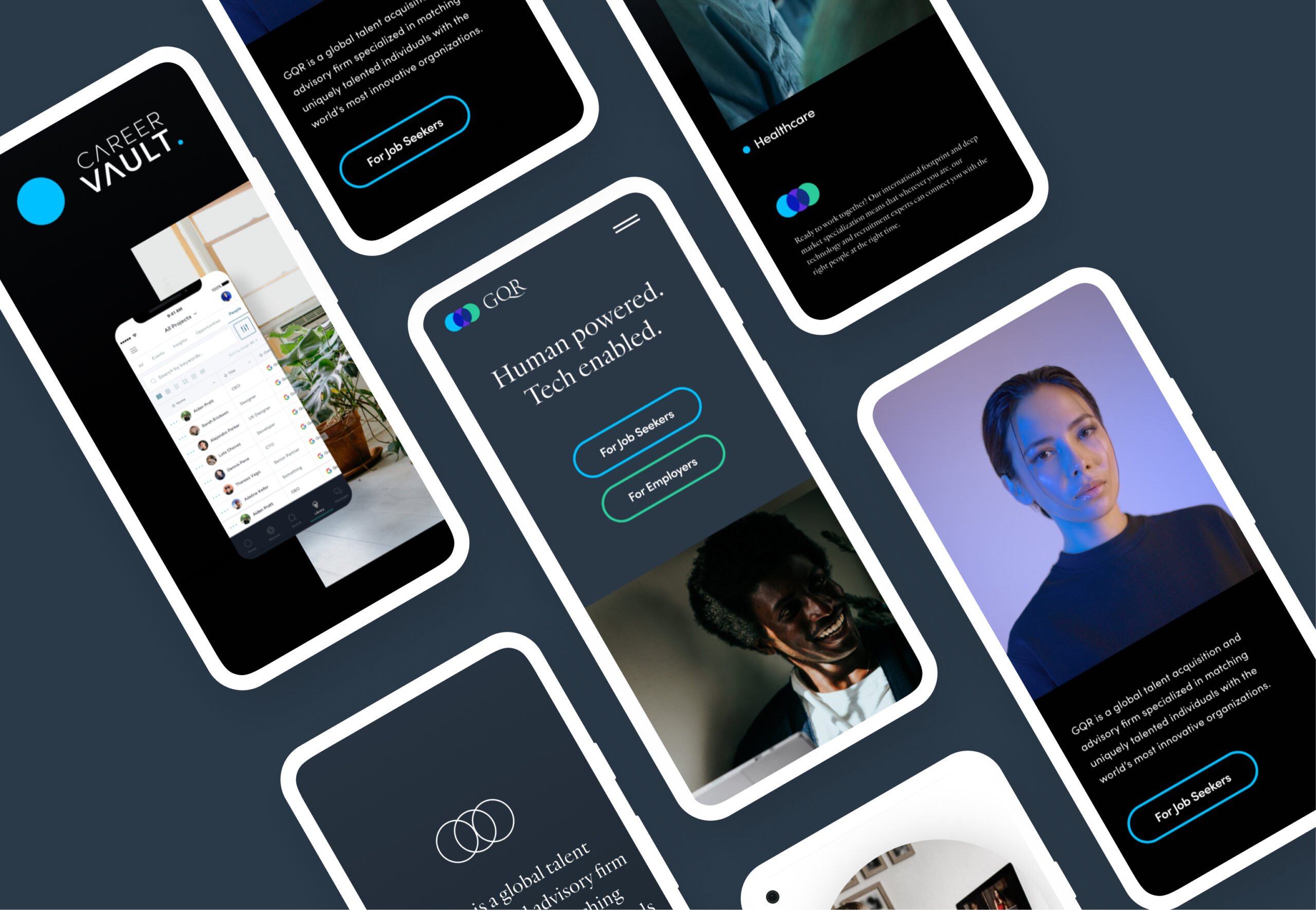 Mobile app interface screens with dark UI design