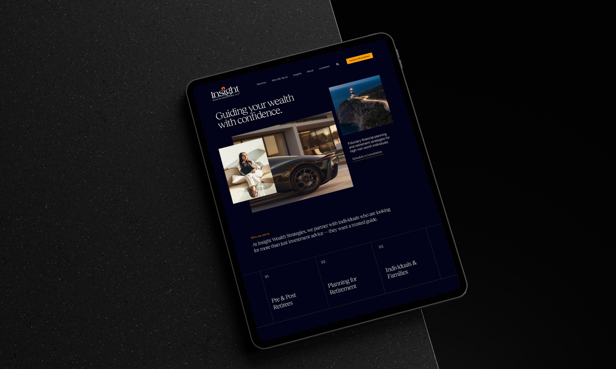 Tablet displaying website interface on dark surface