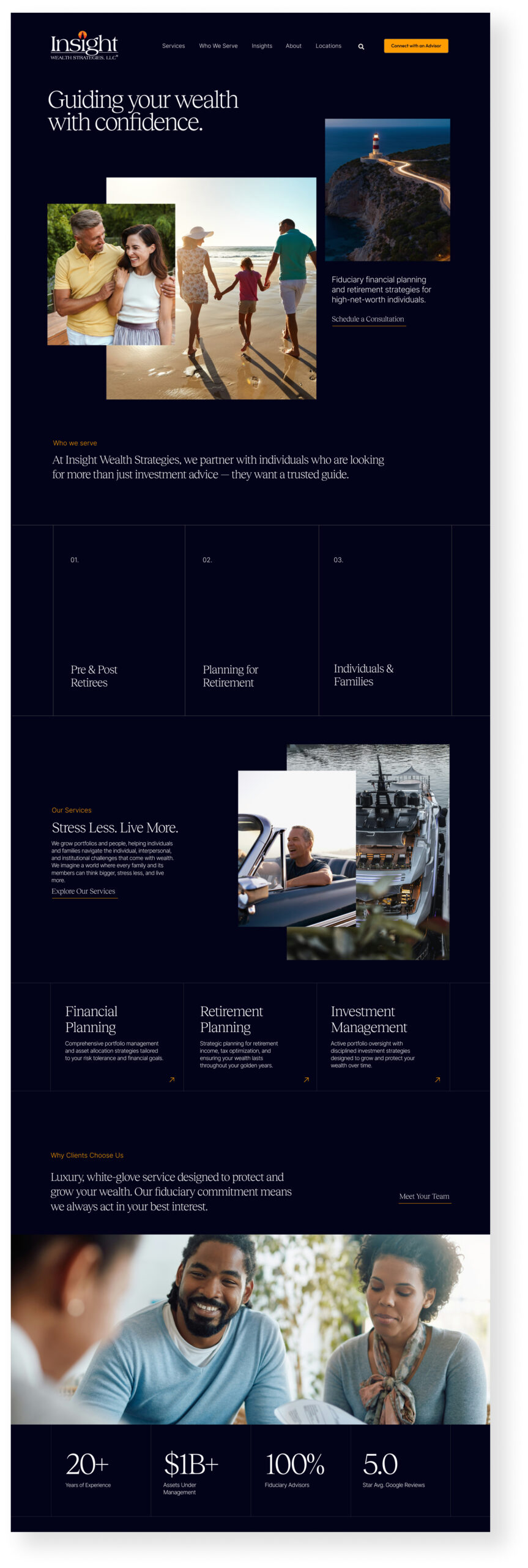 Website homepage with dark theme and content sections
