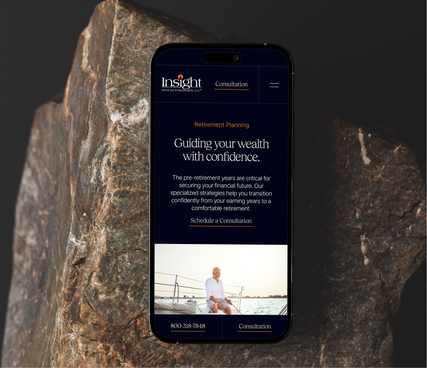 Smartphone displaying website homepage outdoors