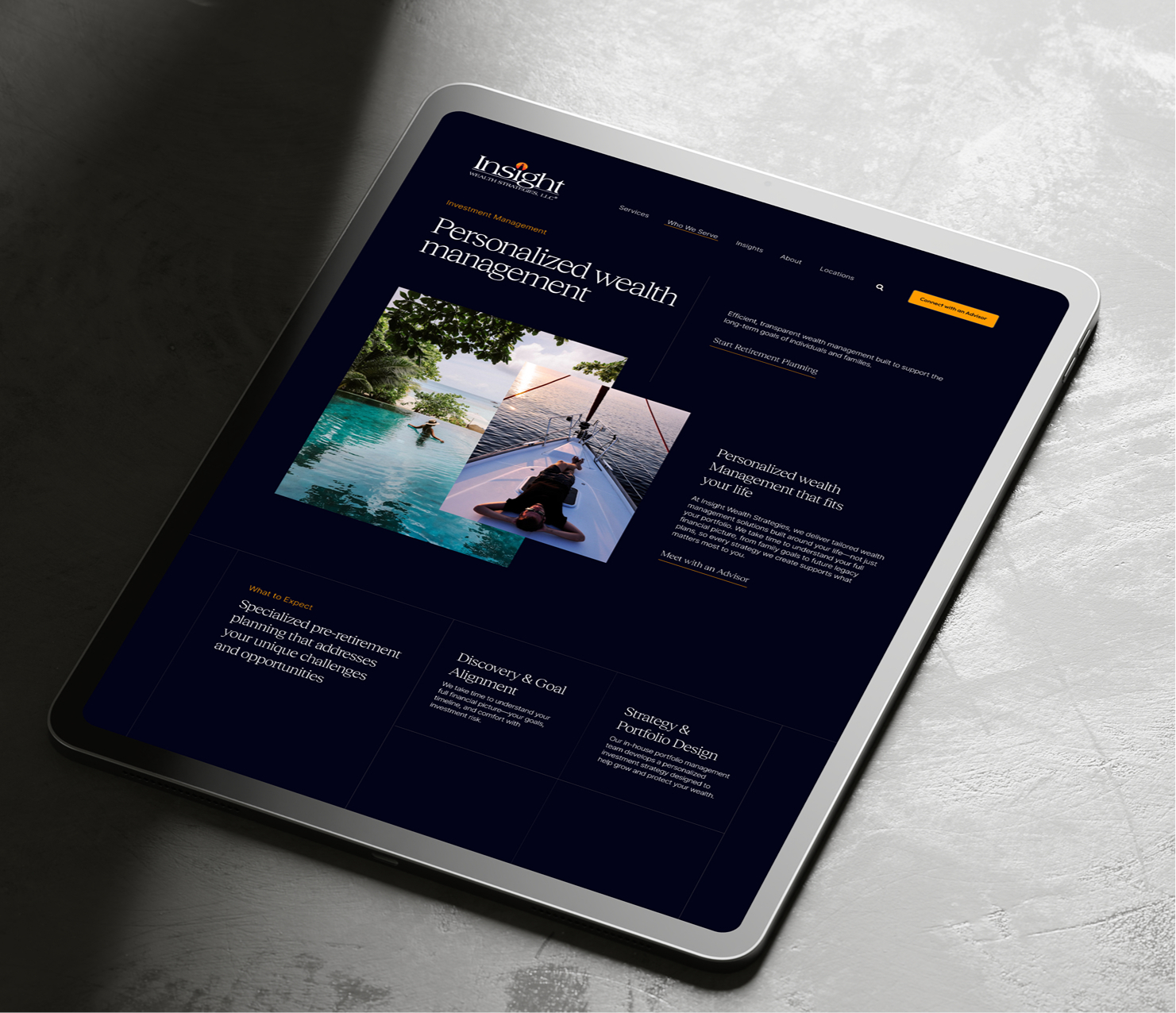 Tablet displaying website interface on desk