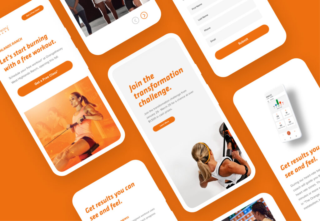 Mobile UI cards with orange brand interface