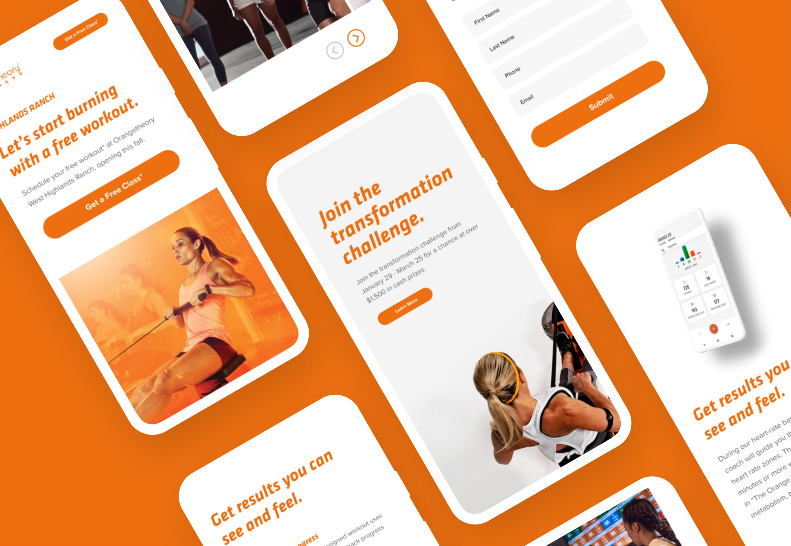 Mobile UI cards with orange brand interface