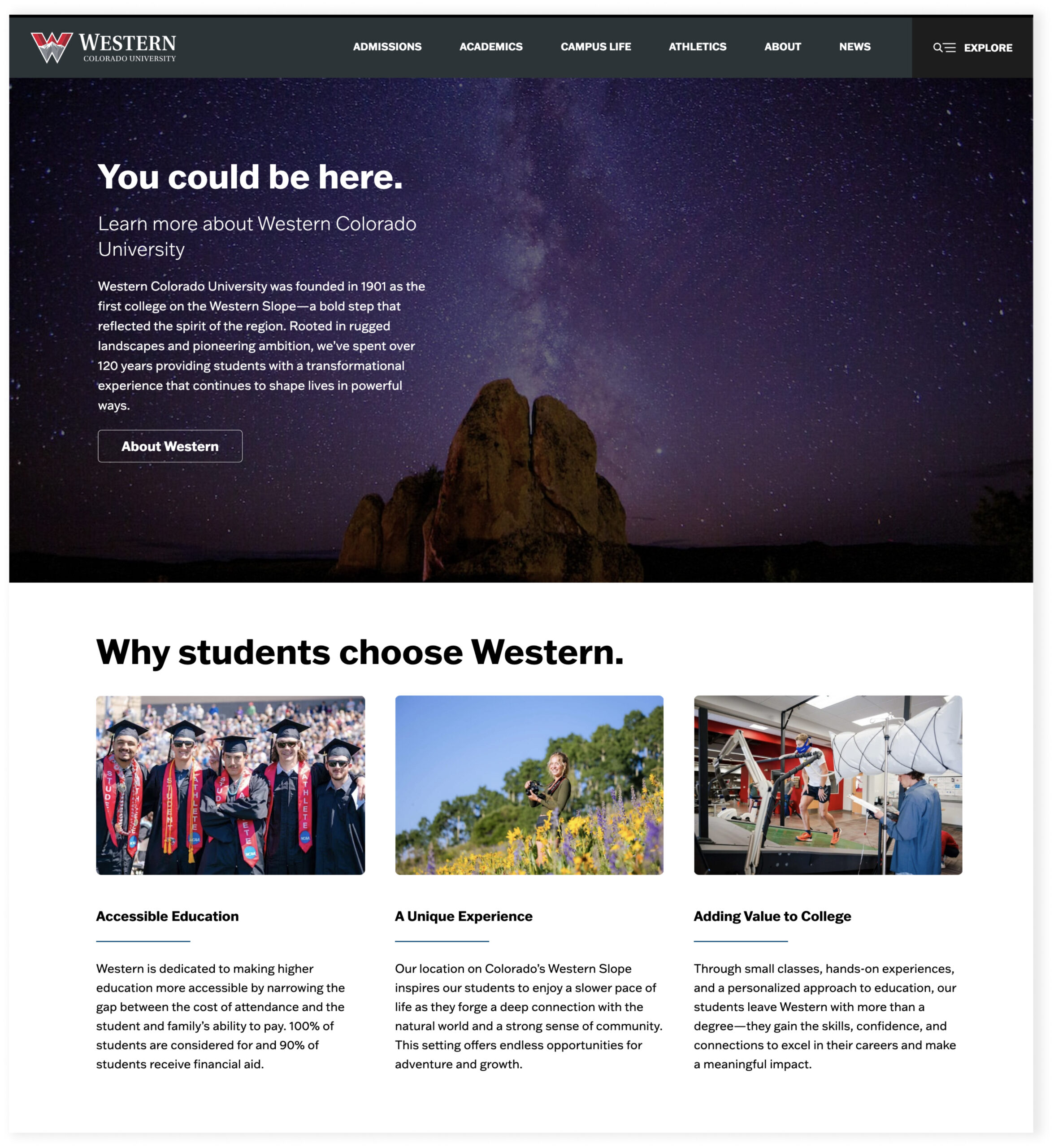 Website homepage with university content and sections