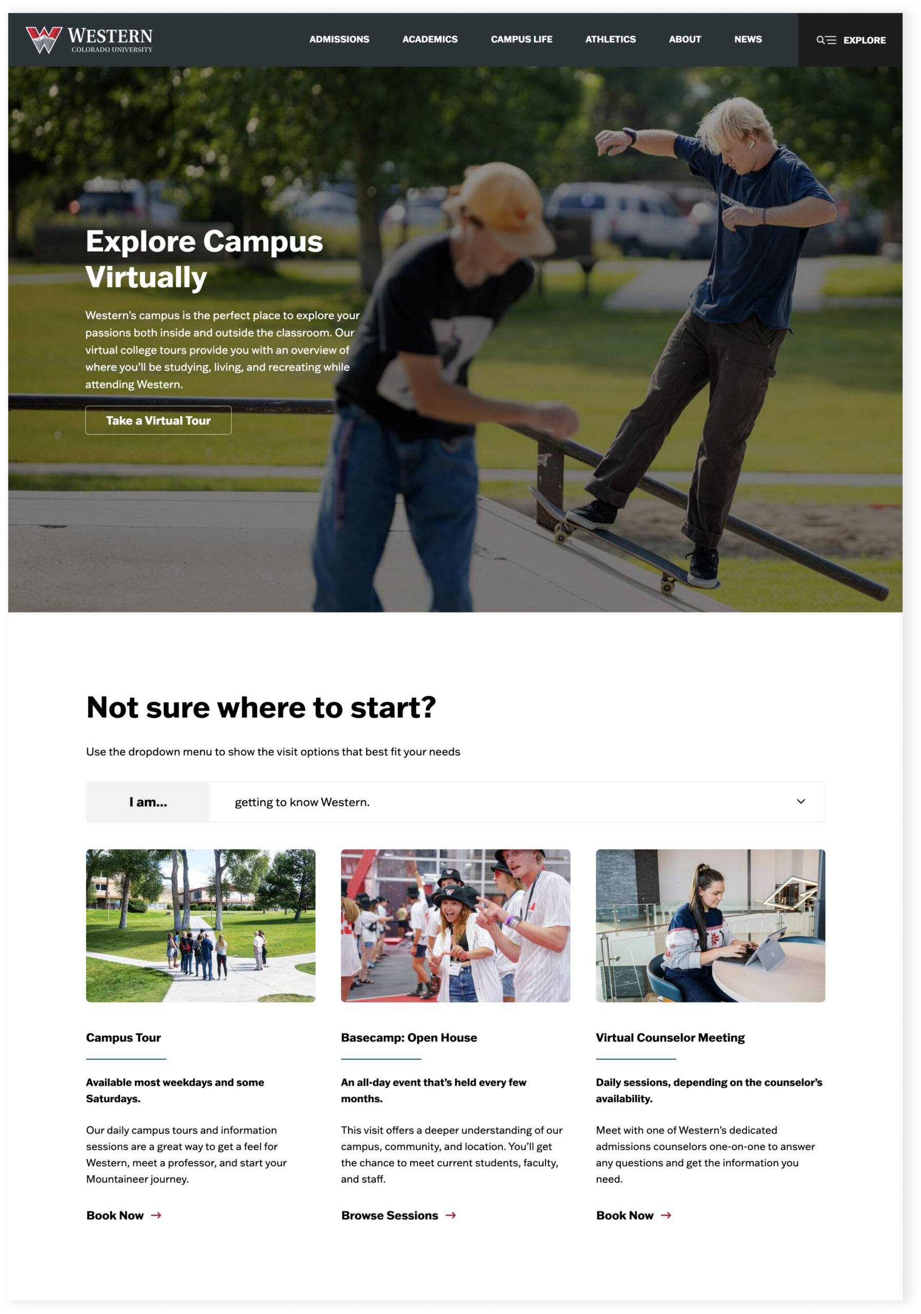 Website homepage with campus or education content