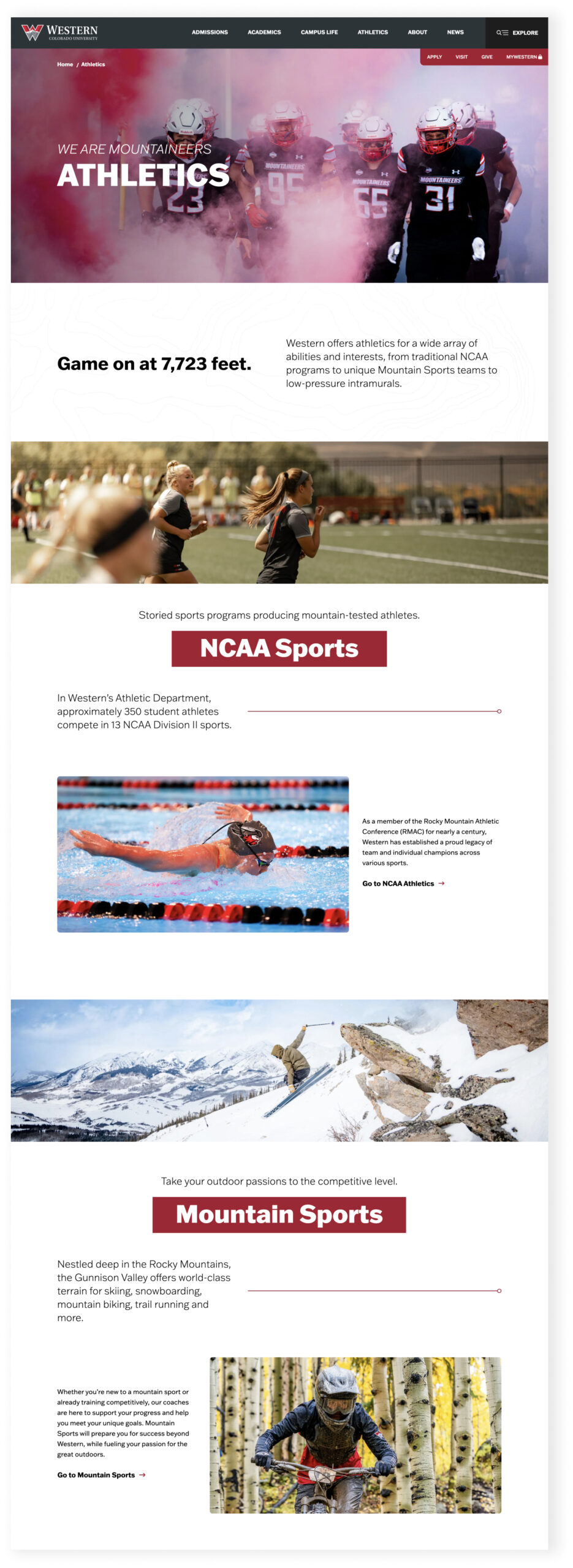 University website with athletics and campus content