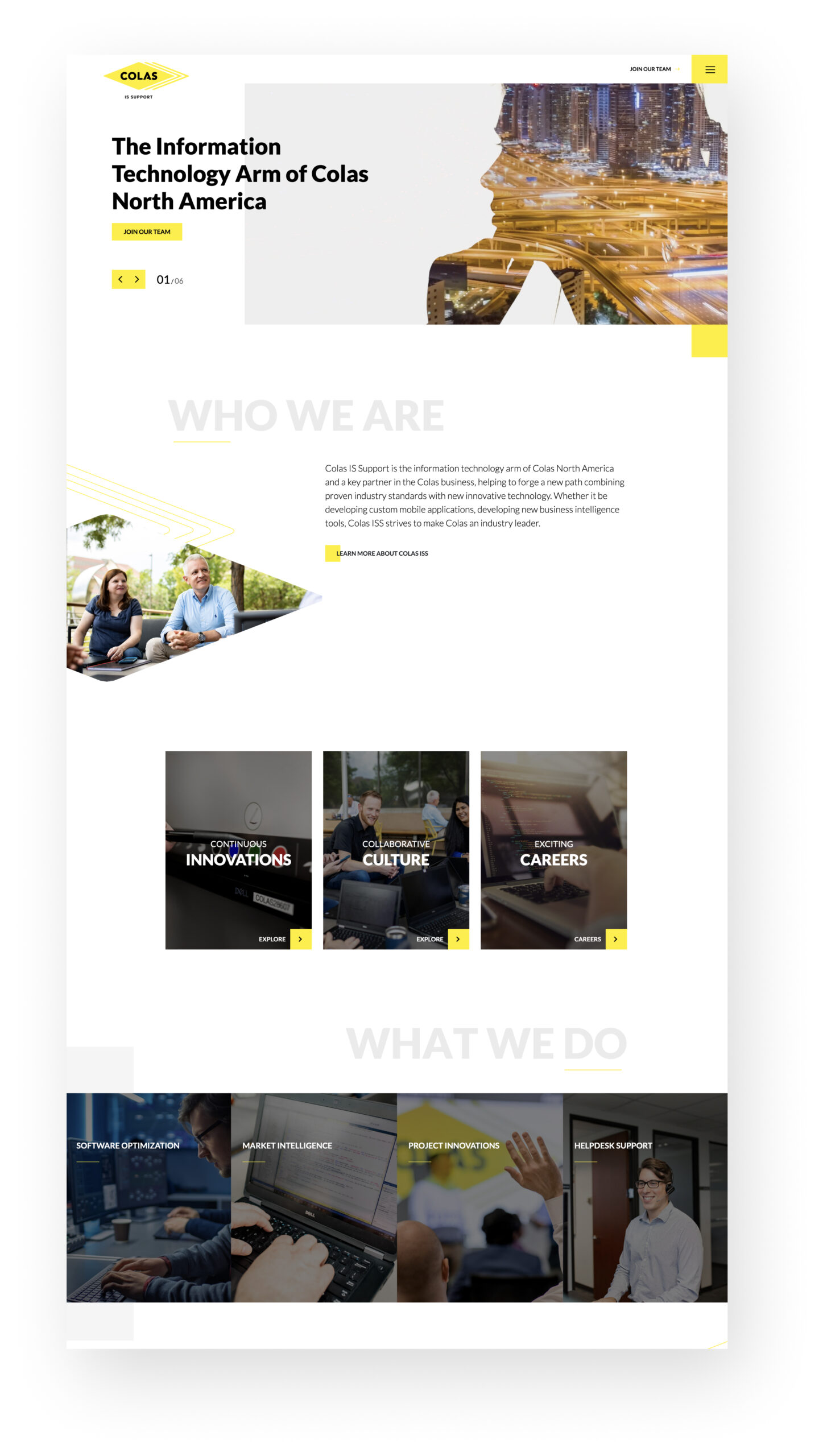 Website page with content modules and team section