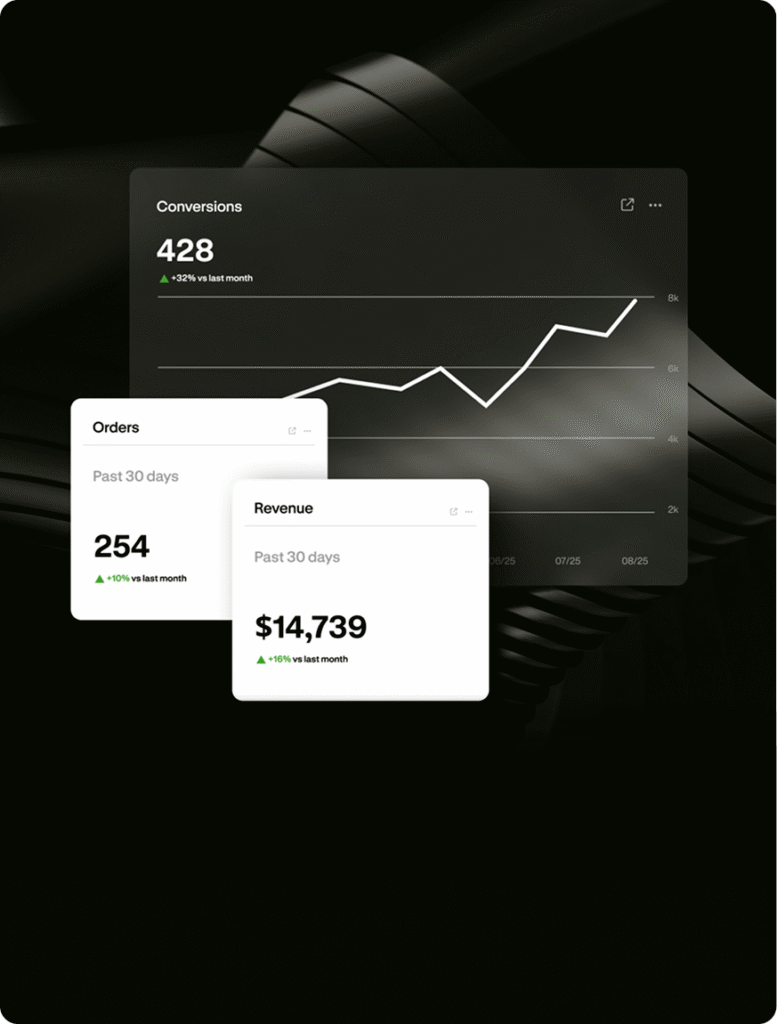 Dark UI analytics dashboard with performance metrics