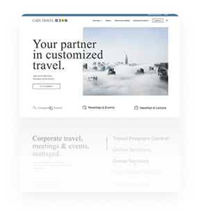 Website homepage with travel or hospitality content