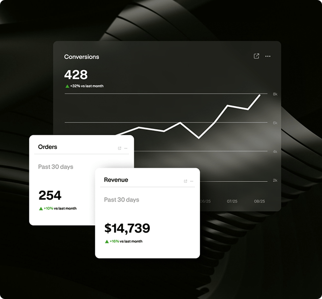Dark UI analytics dashboard with performance metrics