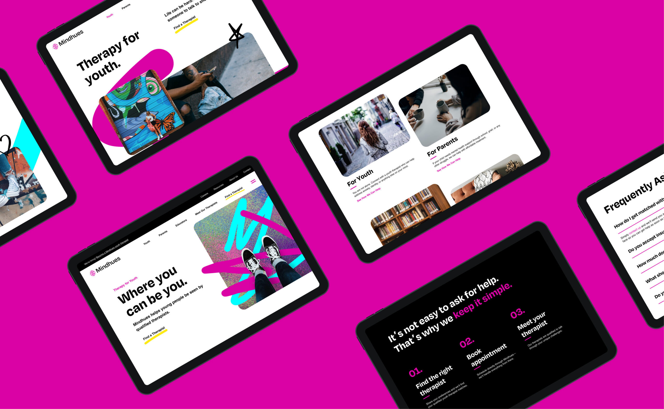 Mobile UI screens with pink interface design