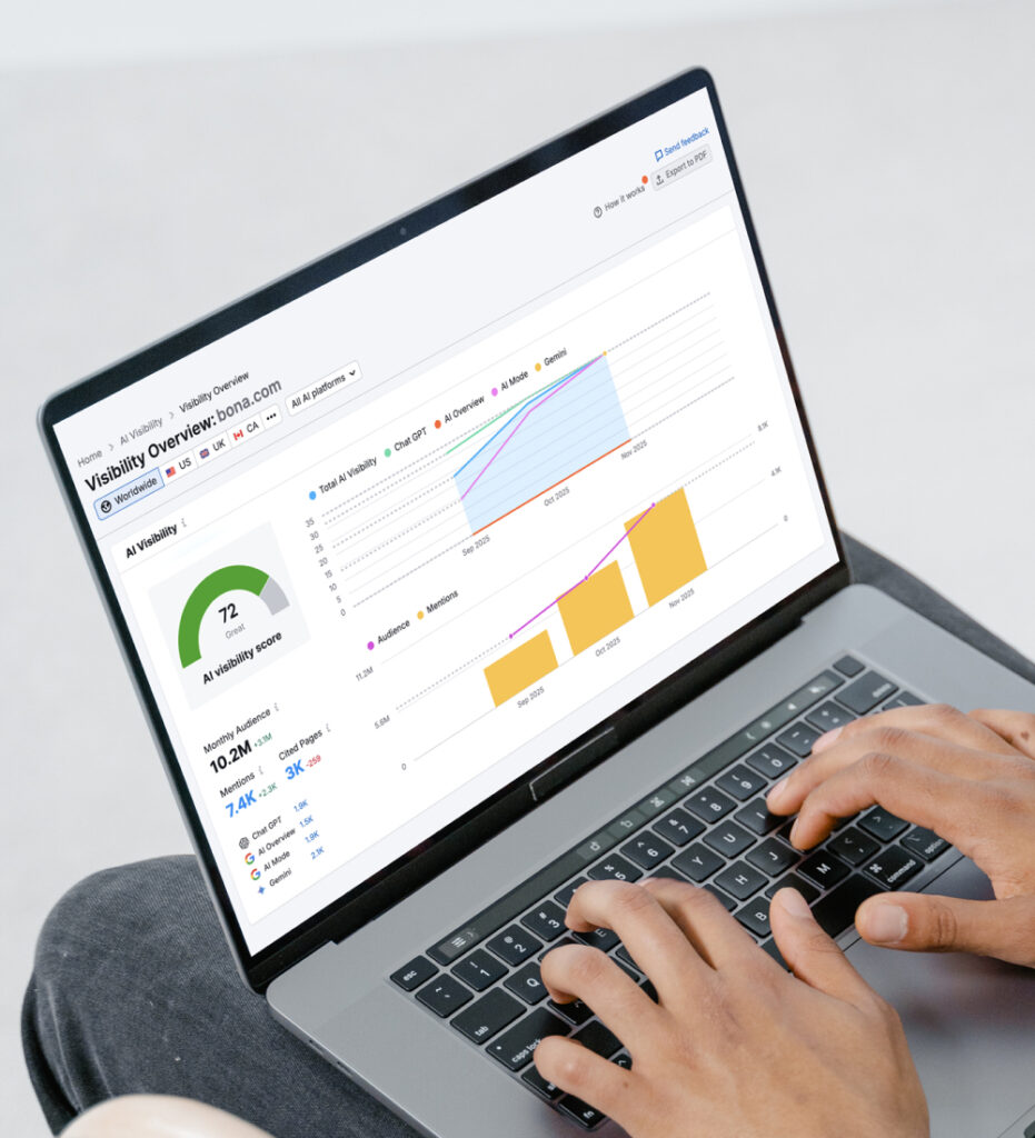 Person using laptop with analytics dashboard