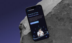 Smartphone displaying mobile app interface on rock surface