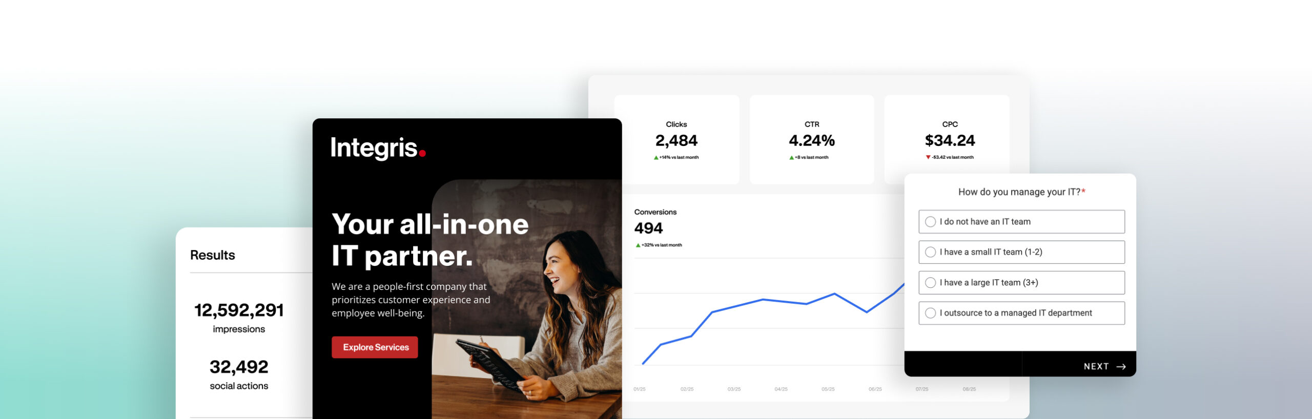 Website interface with content cards and modules