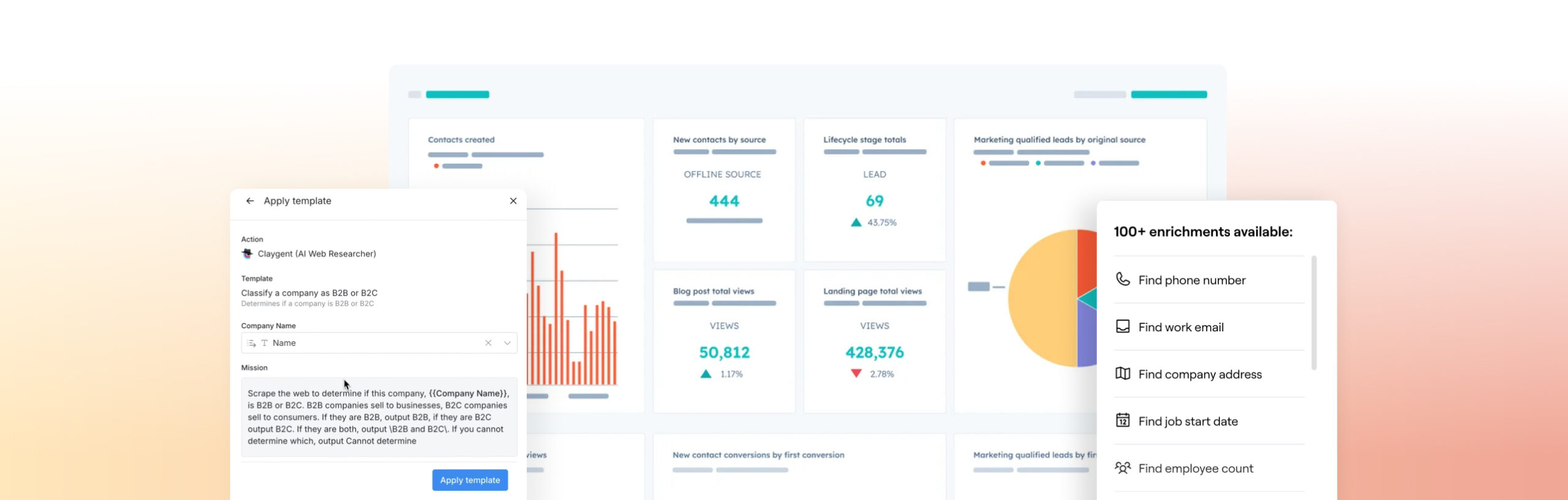 Website UI with gradient background and data visualization
