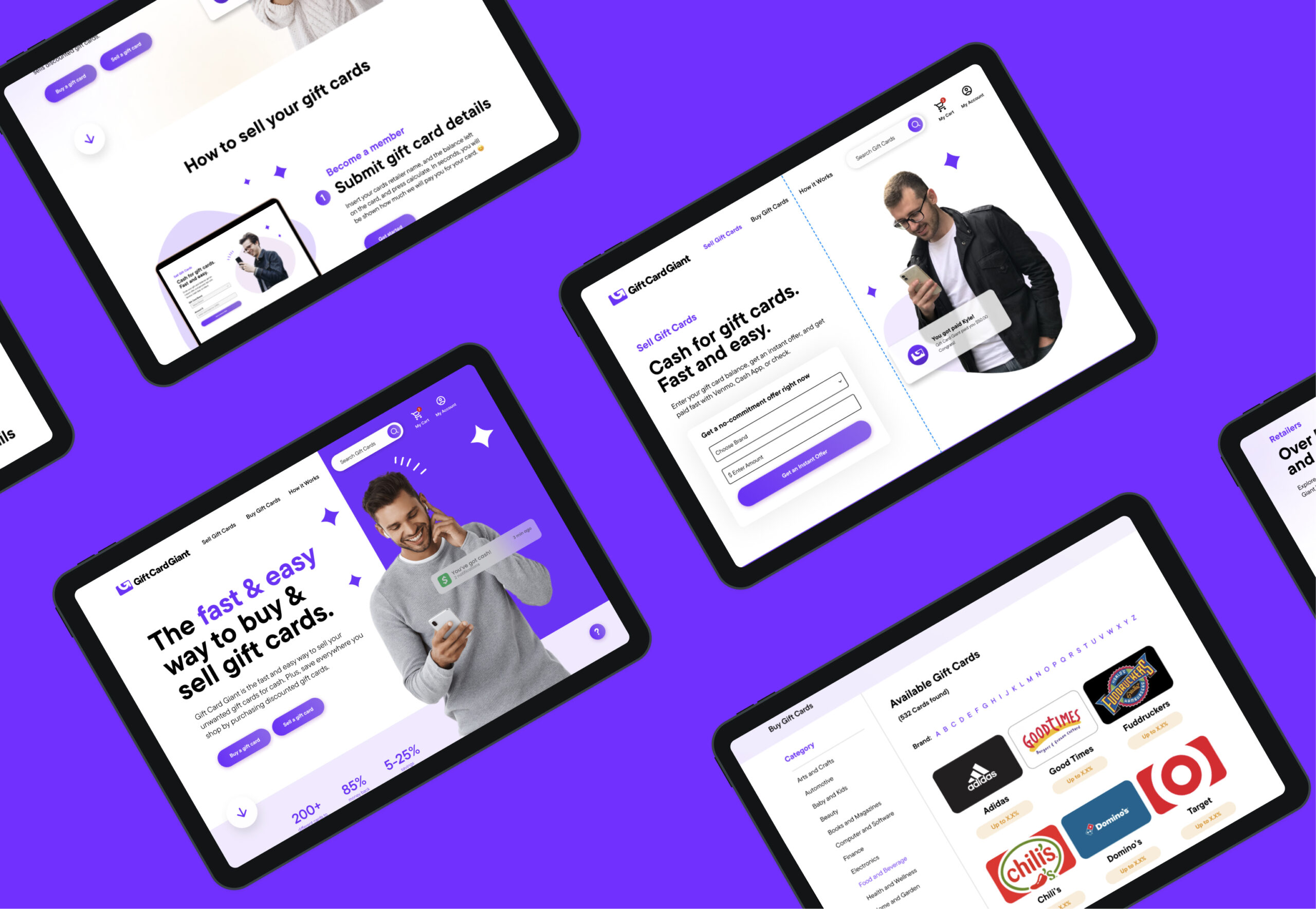 Mobile app UI displayed across multiple screens
