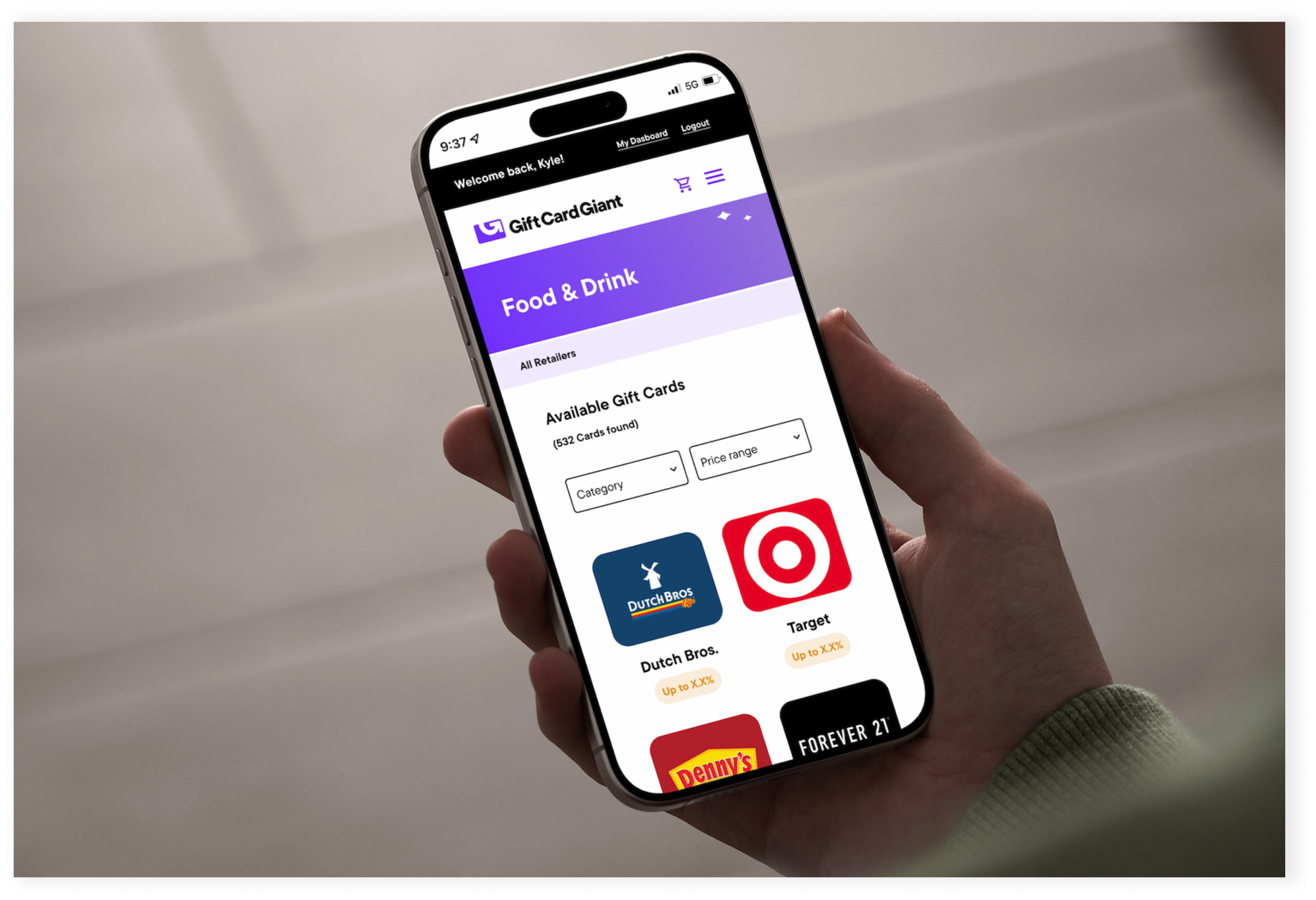Smartphone displaying mobile app interface in hand