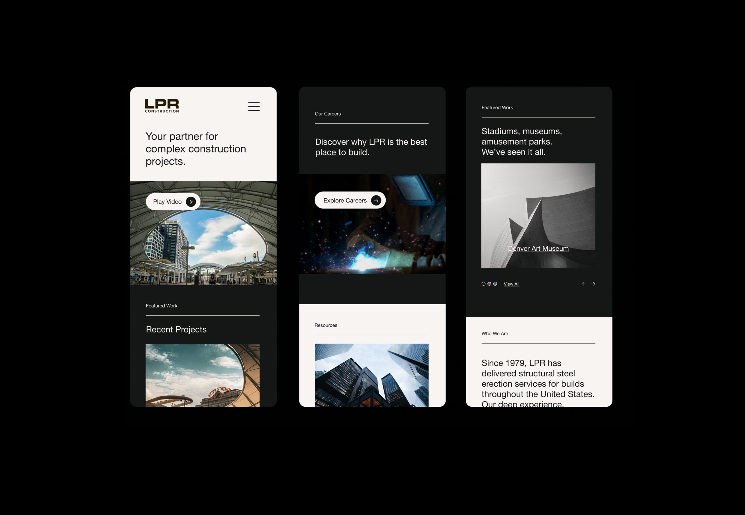 Dark UI design system with multiple screen layouts