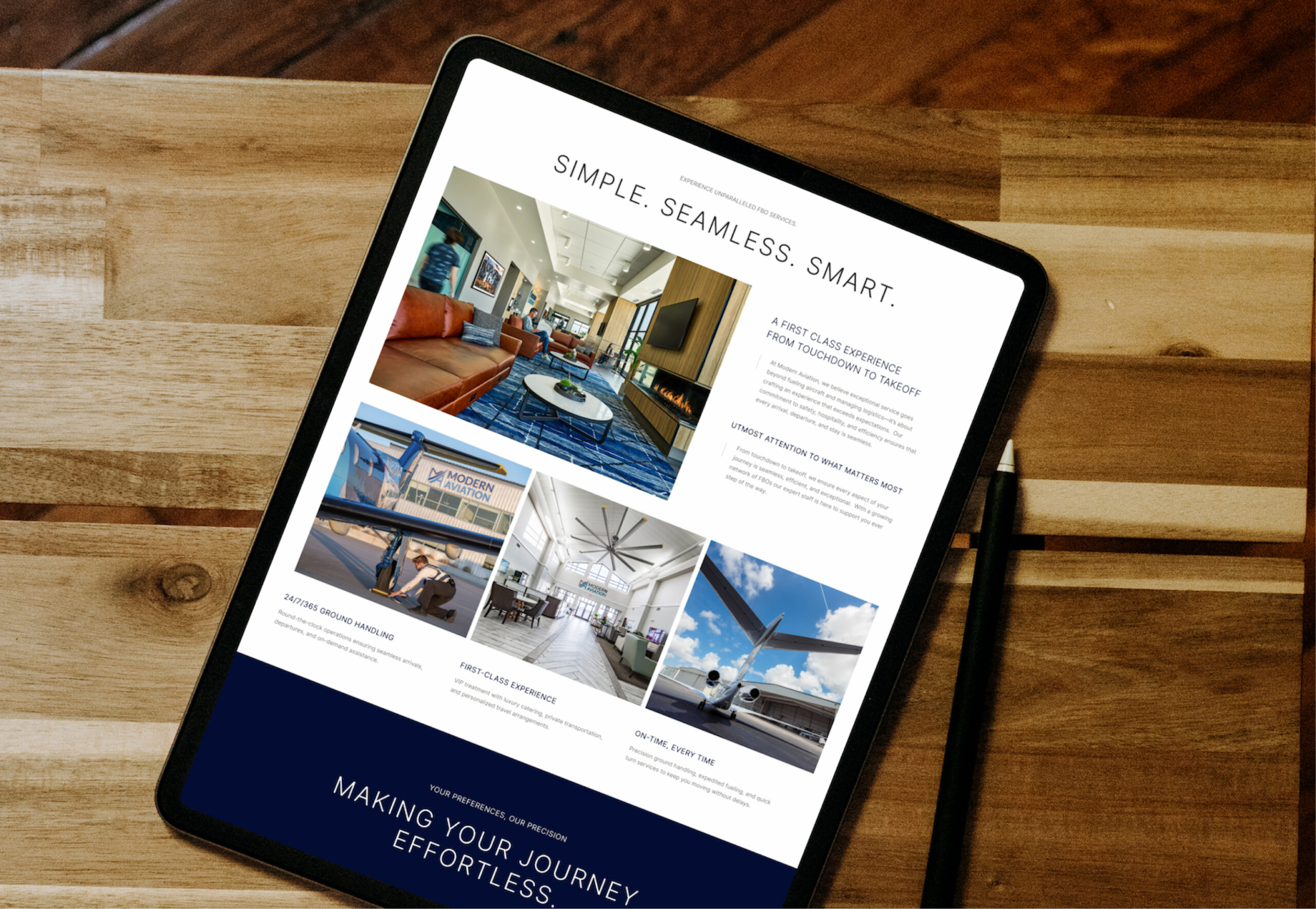 Tablet displaying website interface on wooden surface