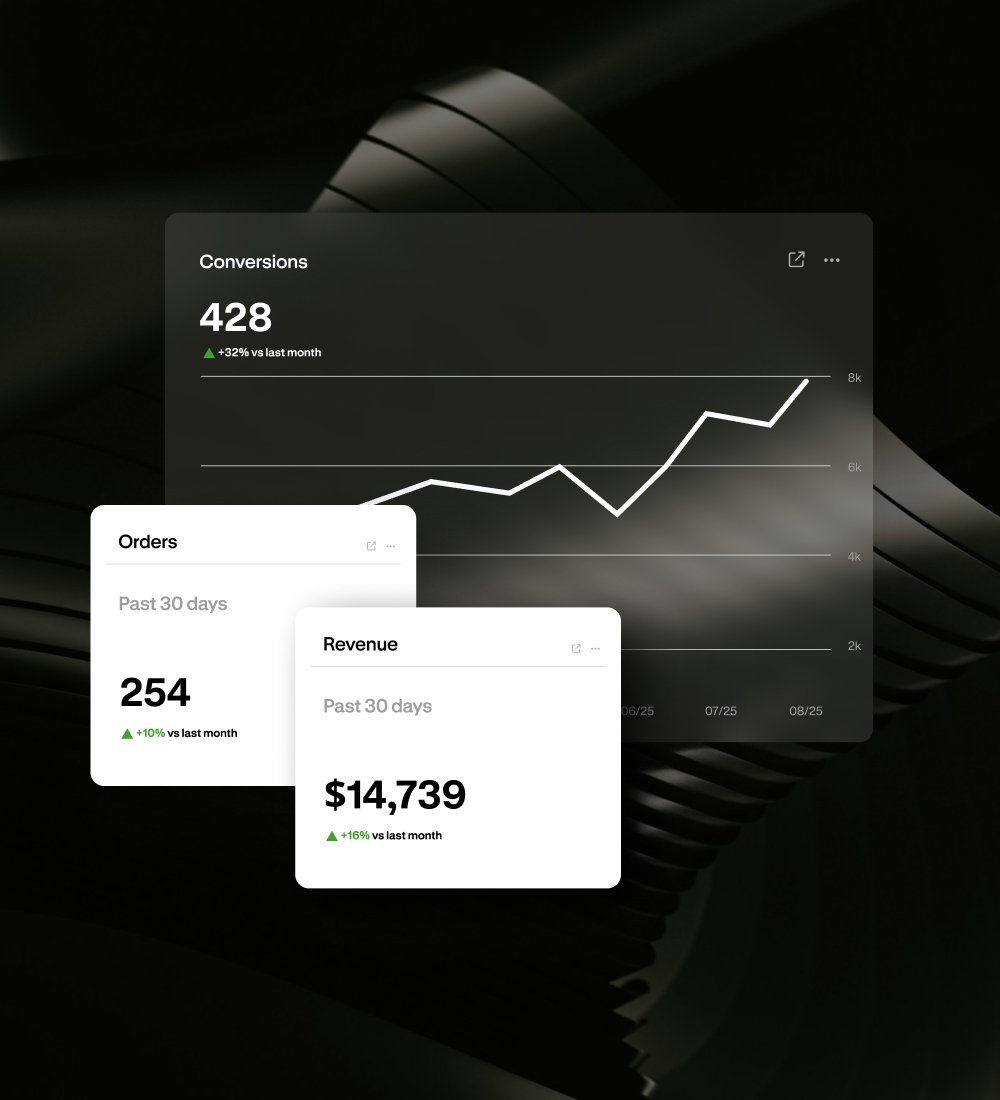 Dark UI analytics dashboard with performance metrics