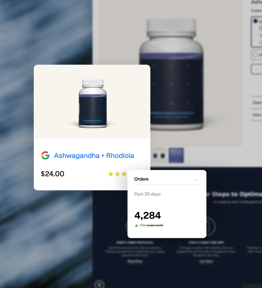 Product packaging website interface with data overlay