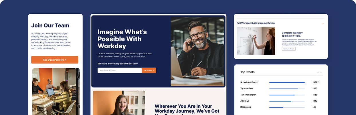 Website UI layout with multiple page previews