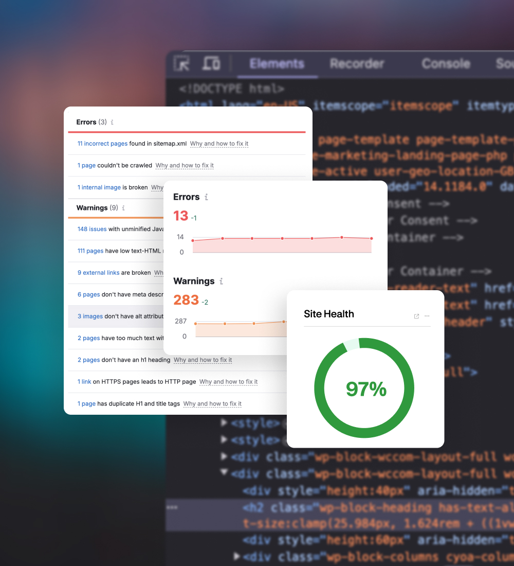 Website UI with analytics overlay and performance metrics