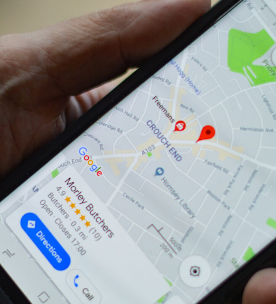 Smartphone displaying map interface with location pins