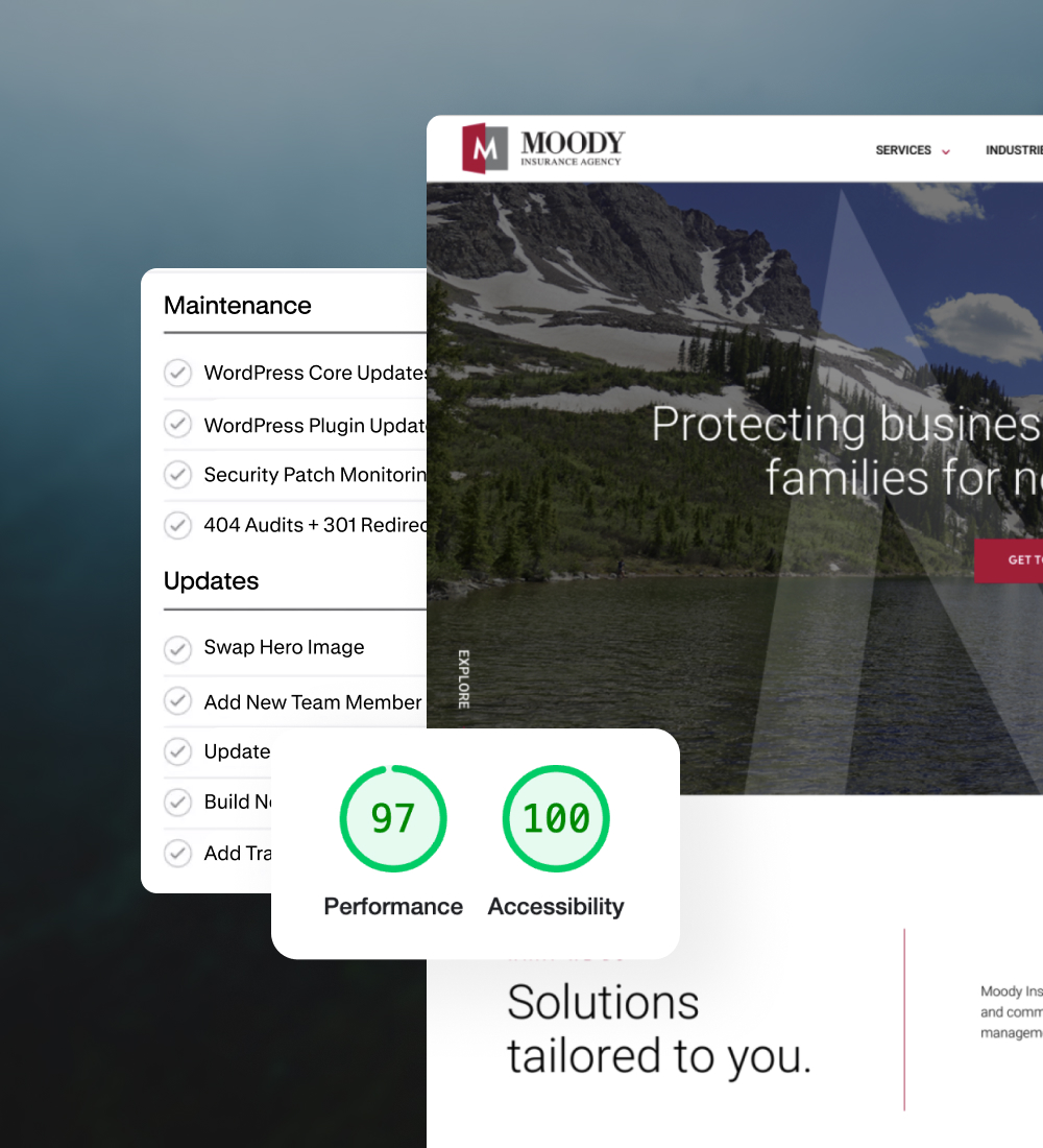 Website homepage with performance metrics and dashboard