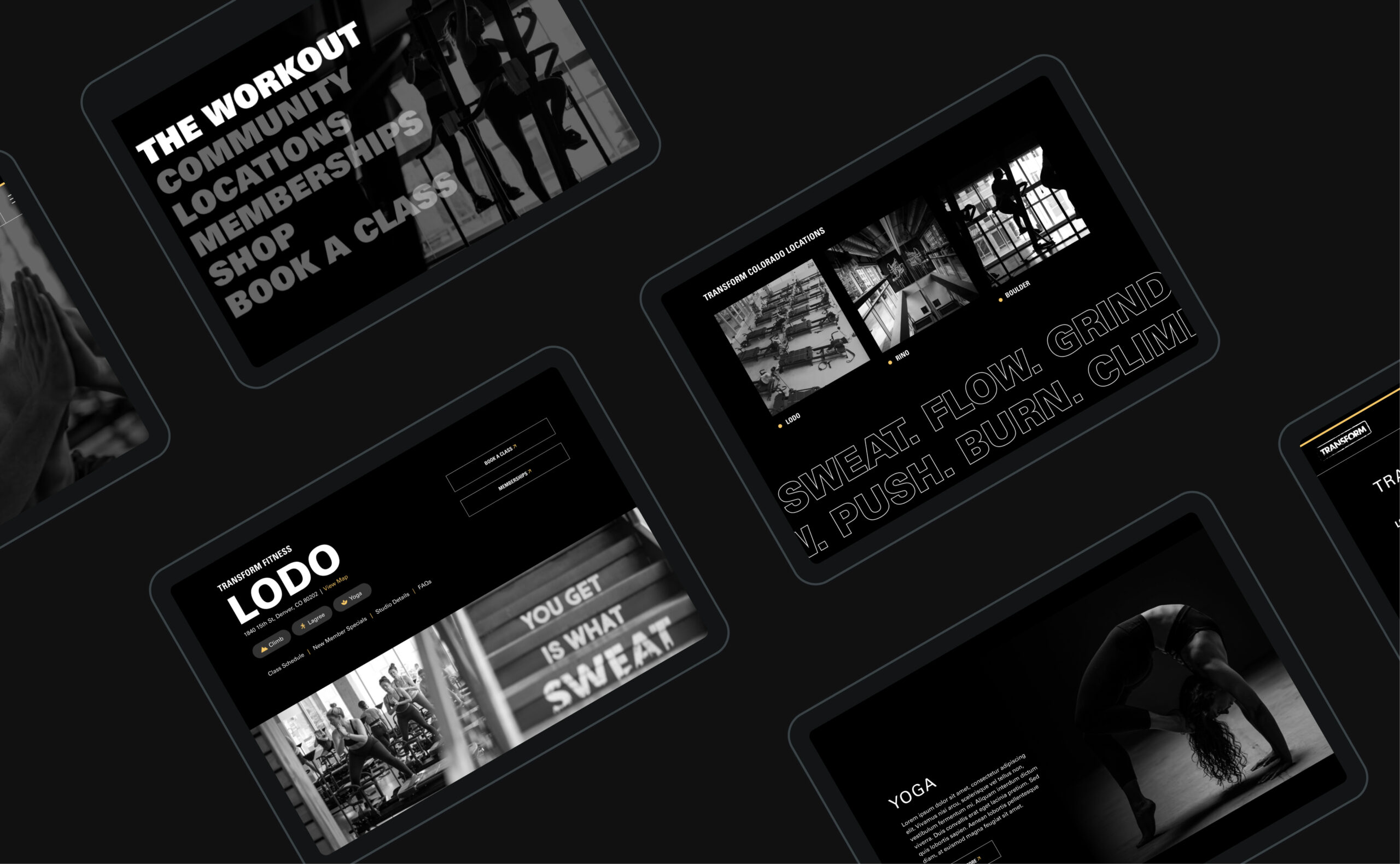 Dark UI interface with dashboard components and layouts