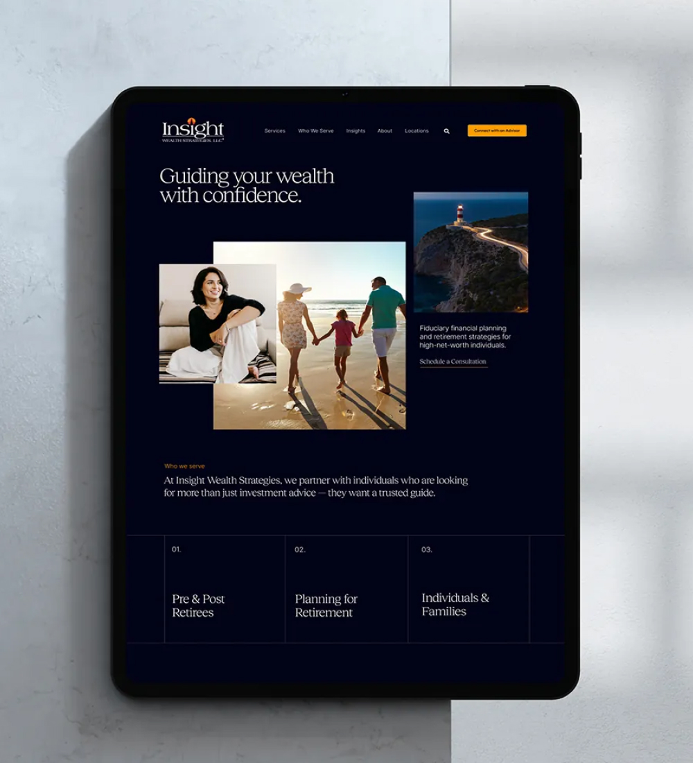 tablet displaying mobile website interface on dark background