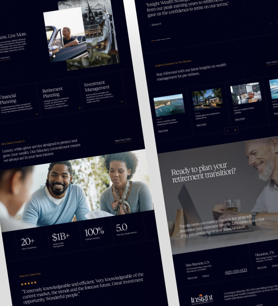Website homepage with dark theme and content sections