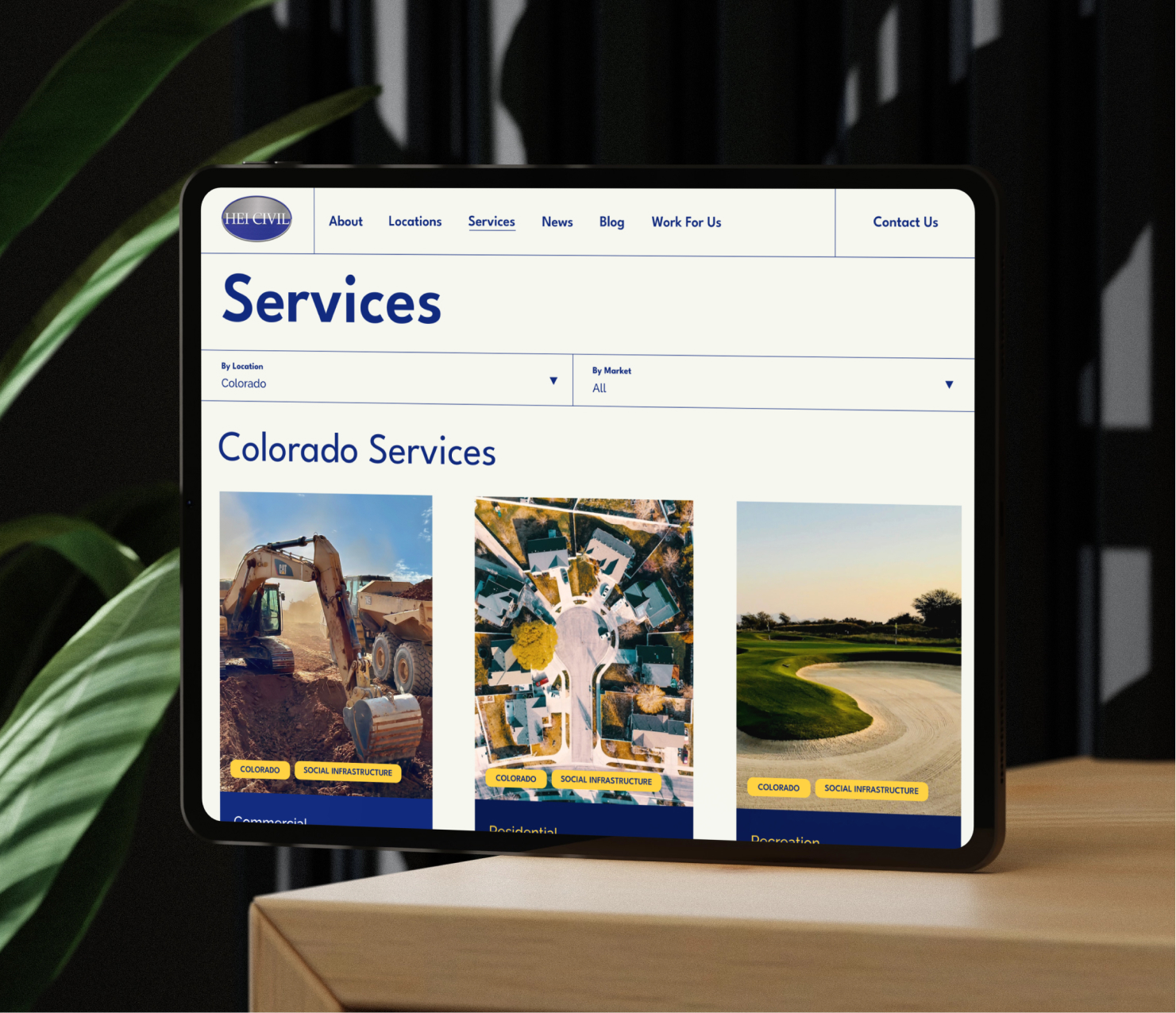 Tablet displaying website with service categories