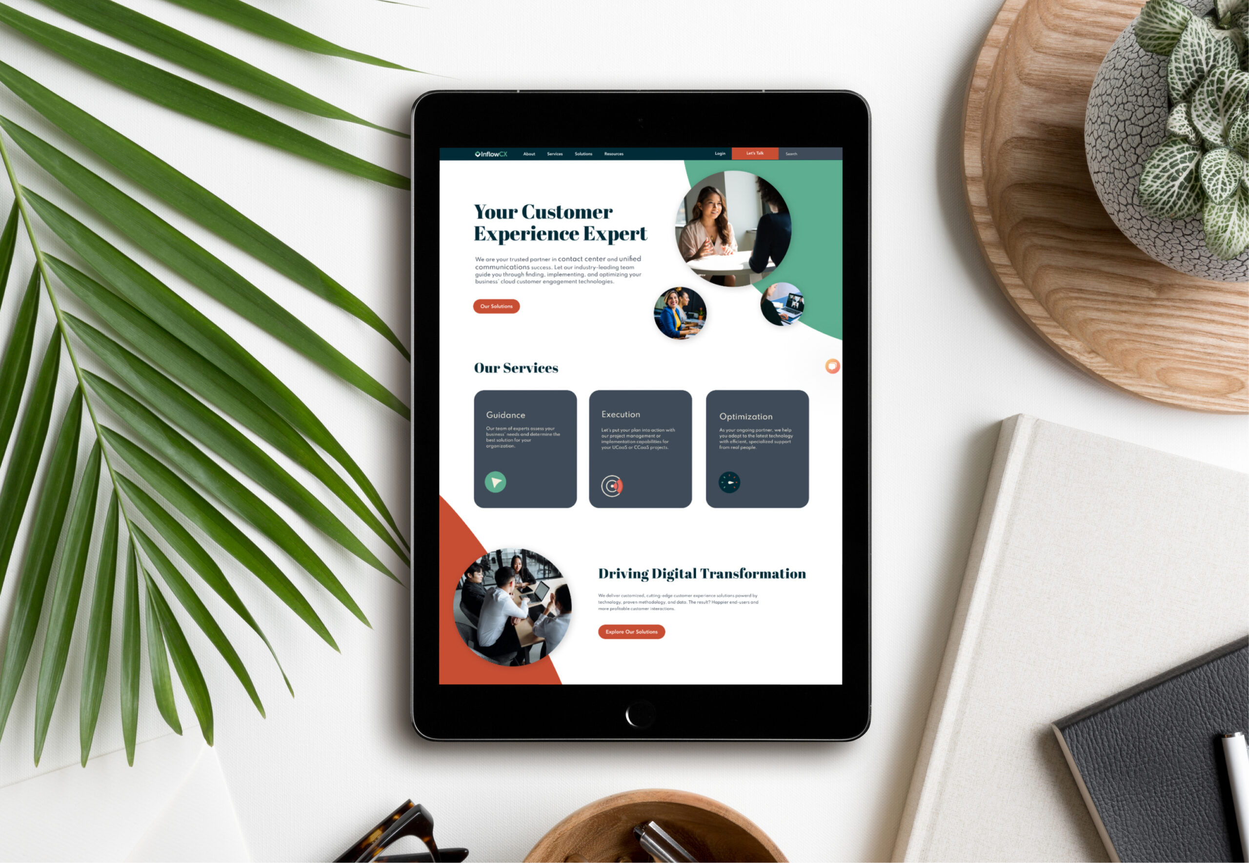Tablet showing website interface on desk