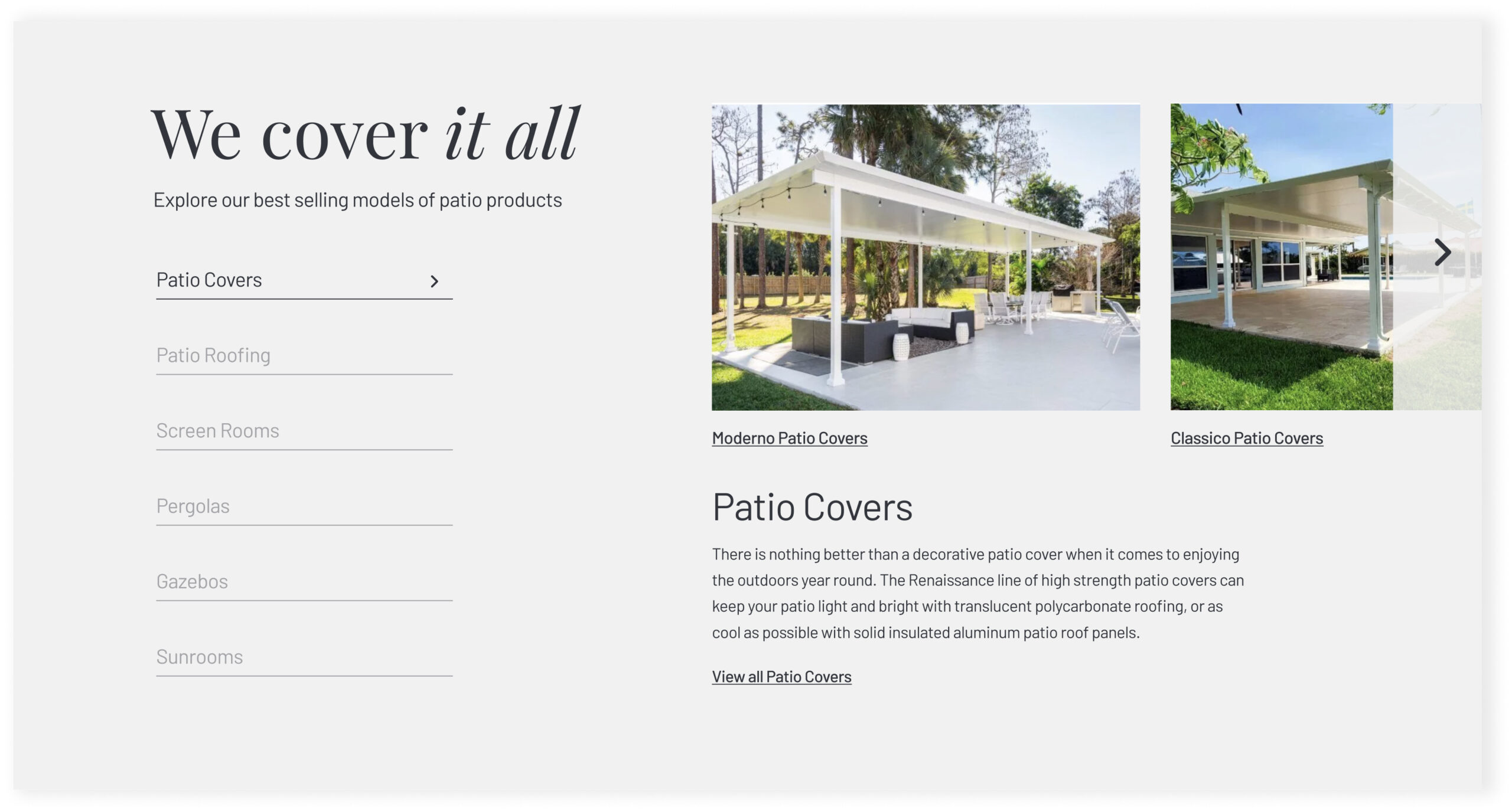 Website layout with service sections and content modules